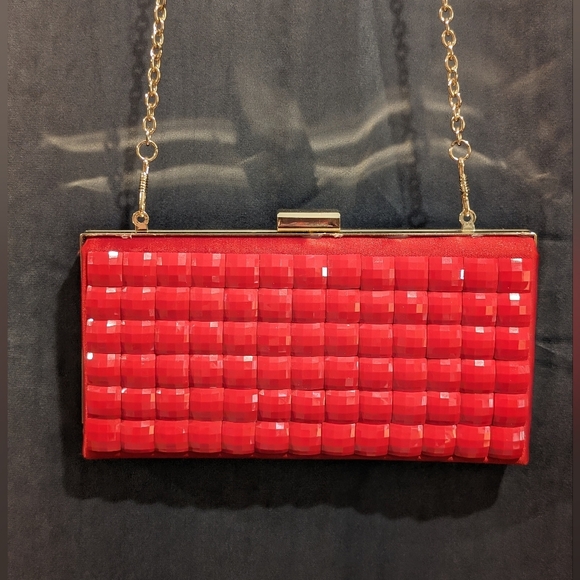 Red Satin and Acrylic Disco Ball Style Evening Bag with Gold Chain Strap - Picture 1 of 12